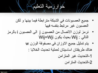 ‫التعليم‬ ‫خوارزمية‬
•‫لكن‬ ‫و‬ ‫بينها‬ ‫فيما‬ ‫مترابطة‬ ‫الشبكة‬ ‫في‬ ‫العصبونات‬ ‫جميع‬
‫فيها‬ ‫بنفسه‬ ‫مرتبط‬ ‫غير‬ ‫العصبون‬
•‫العصبون‬ ‫من‬ ‫التصال‬ ‫لوزن‬ ‫نرمز‬j‫العصبون‬ ‫الى‬i‫بالرمز‬
: ‫التالي‬Wij‫يكون‬ ‫بحيث‬Wij=Wji
•‫الوزن‬ ‫مصفوفة‬ ‫في‬ ‫الوزان‬ ‫جميع‬ ‫تمثيل‬ ‫يتم‬w
: ‫الخليا‬ ‫تحديث‬ ‫لعملية‬ ‫اساسيتان‬ ‫طريقتان‬ ‫هناك‬
1‫المتزامن‬ ‫غير‬ ‫-التحديث‬
2‫المتزامن‬ ‫-التحديث‬
 