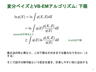 変分ベイズとVB-EMアルゴリズム: 下限
12
Jensenの不等式より
ln p(X)の下限
最尤法の時と異なり、この下限はそのままでは最大化できない（と
する）
そこで因子分解可能という仮定を置き、計算しやすい形に近似する
 