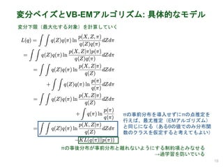 変分ベイズとVB-EMアルゴリズム: 具体的なモデル
18
変分下限（最大化する対象）を計算していく
πの事後分布が事前分布と離れないようにする制約項とみなせる
→過学習を防いでいる
πの事前分布を導入せずにπの点推定を
行えば、最尤推定（EMアルゴリズム）
と同じになる（あるθの値でのみ分布関
数のクラスを仮定すると考えてもよい）
 