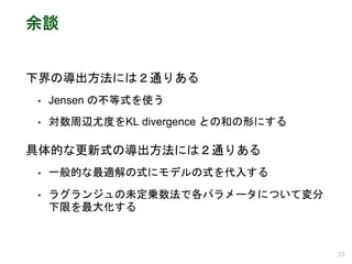 余談
下界の導出方法には２通りある
• Jensen の不等式を使う
• 対数周辺尤度をKL divergence との和の形にする
具体的な更新式の導出方法には２通りある
• 一般的な最適解の式にモデルの式を代入する
• ラグランジュの未定乗数法で各パラメータについて変分
下限を最大化する
23
 