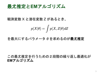 最尤推定とEMアルゴリズム
観測変数 X と潜在変数 Z があるとき、
5
を最大にするパラメータ θ を求めるのが最尤推定
この最尤推定を行うための２段階の繰り返し最適化が
EMアルゴリズム
 