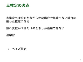点推定の欠点
点推定では分布がなだらかな場合や単峰でない場合に
偏った推定になる
隠れ変数が１層だけのときしか適用できない
過学習
→ ベイズ推定
9
 