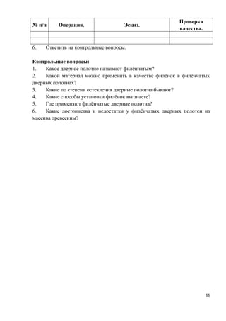 № п/п Операция. Эскиз.
Проверка
качества.
6. Ответить на контрольные вопросы.
Контрольные вопросы:
1. Какое дверное полотно называют филёнчатым?
2. Какой материал можно применить в качестве филёнок в филёнчатых
дверных полотнах?
3. Какие по степени остекления дверные полотна бывают?
4. Какие способы установки филёнок вы знаете?
5. Где применяют филёнчатые дверные полотна?
6. Какие достоинства и недостатки у филёнчатых дверных полотен из
массива древесины?
11
 