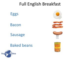 Eggs
Bacon
Sausage
Baked beans
Full English Breakfast
 