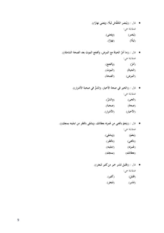 9
: ‫قال‬‫ى‬َ‫عم‬َ‫وي‬ ، ً‫ليال‬ ‫اش‬َّ‫ف‬ُ‫خ‬‫ال‬ ‫بصر‬ُ‫((ي‬.))‫ا‬ً‫نهار‬
:‫ىي‬ ‫فمقابلة‬
)‫بصر‬ُ‫(ي‬)‫ى‬َ‫عم‬َ‫(وي‬.
) ً‫(ليال‬.)‫ا‬ً‫(نهار‬
: ‫قال‬.))‫الشاملة‬ ‫الصحة‬ ‫بعد‬ َ‫الموت‬ ‫وأفجع‬ ،‫المرض‬ ‫مع‬ َ‫ة‬‫الحيا‬ َّ‫ر‬َ‫أم‬ ‫((ما‬
:‫ىي‬ ‫فمقابلة‬
)َّ‫ر‬َ‫(أم‬)‫(وأفجع‬.
)َ‫ة‬‫(الحيا‬.)َ‫(الموت‬
()‫المرض‬)‫(الصحة‬.
: ‫قال‬‫صحبة‬ ‫في‬ ُّ‫والشر‬ ،‫األخيار‬ ‫صحة‬ ‫في‬ ‫((الخير‬.))‫األشرار‬
:‫ىي‬ ‫فمقابلة‬
)‫(الخير‬)ُّ‫(والشر‬.
)‫(صحة‬.)‫(صحبة‬
()‫األخيار‬)‫ار‬‫ر‬‫(األش‬.
: ‫قال‬.))‫ك‬ِ‫بمنع‬ ‫ابتليتو‬ ‫من‬ ‫بالفقر‬ ‫ويشقى‬ ،‫بعطائك‬ ‫مرتو‬َ‫غ‬ ‫من‬ ‫بالغنى‬ ُ‫م‬َ‫نع‬َ‫((ي‬
:‫ىي‬ ‫فمقابلة‬
)ُ‫م‬َ‫نع‬َ‫(ي‬)‫(ويشقى‬.
)‫(بالغنى‬.)‫(بالفقر‬
()‫مرتو‬َ‫غ‬)‫(ابتليتو‬.
()‫بعطائك‬)‫ك‬ِ‫(بمنع‬.
: ‫قال‬.))‫عثر‬َ‫ب‬ُ‫م‬ ‫كثير‬‫من‬ ‫خير‬ ‫بر‬َ‫د‬ُ‫م‬ ‫((قليل‬
:‫ىي‬ ‫فمقابلة‬
)‫(قليل‬)‫(كثير‬.
)‫بر‬َ‫د‬ُ‫(م‬.)‫عثر‬َ‫ب‬ُ‫(م‬
 