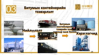 03 Битумын контейнерийн
тээвэрлэлт
Нийлүүлэлт
Битумын
контейнерийг
тээврийн олон
төрлөөр зөөж болно
Хэрэглэгчид
28
 