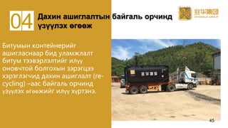 Битумын контейнерийг
ашигласнаар бид уламжлалт
битум тээвэрлэлтийг илүү
оновчтой болгохын зэрэгцээ
хэрэглэгчид дахин ашиглалт (re-
cycling) –аас байгаль орчинд
үзүүлэх өгөөжийг илүү хүртэнэ.
Дахин ашиглалтын байгаль орчинд
үзүүлэх өгөөж04
45
 