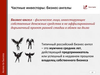 10	
  
Частные	
  инвесторы:	
  бизнес-­‐ангелы	
  
Access	
  to	
  Success	
  	
  
Бизнес-­‐ангел	
  –	
  физическое	
  лицо,	
  инвестирующее	
  
собственные	
  денежные	
  средства	
  в	
  не	
  аффилированный	
  
дорыночный	
  проект	
  ранней	
  стадии	
  в	
  обмен	
  на	
  долю	
  	
  
Типичный	
  российский	
  бизнес-­‐ангел	
  
–	
  это	
  мужчина	
  средних	
  лет,	
  
действующий	
  предприниматель	
  
или	
  успешный	
  в	
  недавнем	
  прошлом	
  
владелец	
  собственного	
  бизнеса	
  
 