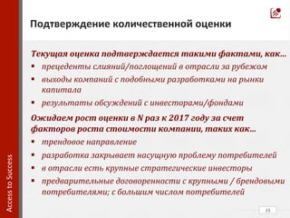 Текущая	
  оценка	
  подтверждается	
  такими	
  фактами,	
  как…	
  	
  
§  прецеденты	
  слияний/поглощений	
  в	
  отрасли	
  за	
  рубежом	
  
§  выходы	
  компаний	
  с	
  подобными	
  разработками	
  на	
  рынки	
  
капитала	
  
§  результаты	
  обсуждений	
  с	
  инвесторами/фондами	
  
Ожидаем	
  рост	
  оценки	
  в	
  N	
  раз	
  к	
  2017	
  году	
  за	
  счет	
  
факторов	
  роста	
  стоимости	
  компании,	
  таких	
  как…	
  	
  
§  трендовое	
  направление	
  
§  разработка	
  закрывает	
  насущную	
  проблему	
  потребителей	
  
§  в	
  отрасли	
  есть	
  крупные	
  стратегические	
  инвесторы	
  
§  предварительные	
  договоренности	
  с	
  крупными	
  /	
  брендовыми	
  
потребителями;	
  с	
  большим	
  числом	
  потребителей	
  
15	
  
Access	
  to	
  Success	
  	
  
Подтверждение	
  количественной	
  оценки	
  
 