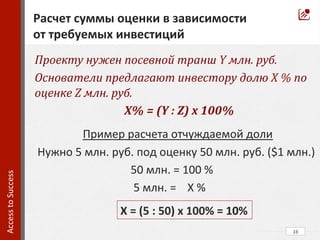  
Проекту	
  нужен	
  посевной	
  транш	
  Y	
  млн.	
  руб.	
  
Основатели	
  предлагают	
  инвестору	
  долю	
  X	
  %	
  по	
  
оценке	
  Z	
  млн.	
  руб.	
  
	
  X%	
  =	
  (Y	
  :	
  Z)	
  x	
  100%	
  
Пример	
  расчета	
  отчуждаемой	
  доли	
  
	
  Нужно	
  5	
  млн.	
  руб.	
  под	
  оценку	
  50	
  млн.	
  руб.	
  ($1	
  млн.)	
  
	
   	
   	
  50	
  млн.	
  =	
  100	
  %	
  
	
   	
  	
  	
   	
  	
  5	
  млн.	
  =	
  	
  	
  	
  X	
  %	
  
	
  
16	
  
Access	
  to	
  Success	
  	
  
Расчет	
  суммы	
  оценки	
  в	
  зависимости	
  
от	
  требуемых	
  инвестиций	
  
X	
  =	
  (5	
  :	
  50)	
  х	
  100%	
  =	
  10%	
  
 