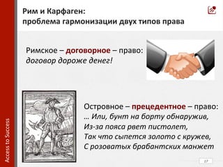 17	
  
Access	
  to	
  Success	
  	
  
Рим	
  и	
  Карфаген:	
  
проблема	
  гармонизации	
  двух	
  типов	
  права	
  
Римское	
  –	
  договорное	
  –	
  право:	
  
договор	
  дороже	
  денег!	
  
Островное	
  –	
  прецедентное	
  –	
  право:	
  	
  
…	
  Или,	
  бунт	
  на	
  борту	
  обнаружив,	
  
Из-­‐за	
  пояса	
  рвет	
  пистолет,	
  
Так	
  что	
  сыпется	
  золото	
  с	
  кружев,	
  
С	
  розоватых	
  брабантских	
  манжет	
  
 
