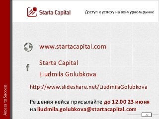  
	
  
www.startacapital.com	
  
Starta	
  Capital	
  
Liudmila	
  Golubkova	
  
22	
  
Access	
  to	
  Success	
  	
  
Доступ	
  к	
  успеху	
  на	
  венчурном	
  рынке	
  	
  
h•p://www.slideshare.net/LiudmilaGolubkova	
  
	
  
Решения	
  кейса	
  присылайте	
  до	
  12.00	
  23	
  июня	
  
на	
  liudmila.golubkova@startacapital.com	
  
 