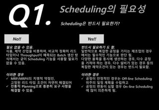 Scheduling의 필요성
Q1. Scheduling은 반드시 필요한가?
No!! Yes!!
필요 없을 수 있음.
식품, 제약 산업을 비롯하여, 비교적 정확히 리드
타임이나 Throughput이 예측되는 Batch 생산 방
식에서는 굳이 Scheduling 기능을 사용할 필요가
없을 수 있음.
이러한 경우
ü MRP/MRPII의 치명적 약점인,
고정된 리드 타임 조건이 자연히 해결되어
ü 전통적 Planning으로 충분히 요구 사항을
해결할 수 있음.
반드시 필요하기 도 함.
일반적으로 복잡한 공정을 가지는 제조업의 경우
에서는 필수적인 기능으로 판단 됨.
다양한 품목을 동시에 생산하는 경우, 다수 공정
을 거쳐야 하는 경우, 다수 설비가 있는 경우 등의
복잡한 제약조건이 있는 경우는 반드시 필요함.
이러한 경우
ü 공정이 안정적인 경우는 Off-line Scheduling
위주의 일정 계획을 수립하고
ü 공정의 변동이 심할 경우 On-line Scheduling
에 많이 의존하게 됨.
 