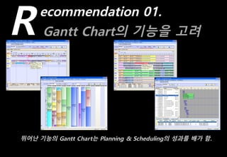 Gantt Chart의 기능을 고려R
뛰어난 기능의 Gantt Chart는 Planning & Scheduling의 성과를 배가 함.
ecommendation 01.
 