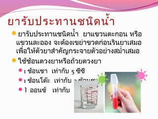 ยารับประทานชนิดนำ้า
ยารับประทานชนิดนำ้า ยาแขวนตะกอน หรือ
แขวนละออง จะต้องเขย่าขวดก่อนรินยาเสมอ
เพื่อให้ตัวยาสำาคัญกระจายตัวอย่างสมำ่าเสมอ
ใช้ช้อนตวงยาหรือถ้วยตวงยา
1 ช้อนชา เท่ากับ 5 ซีซี
1 ช้อนโต๊ะ เท่ากับ 3 ช้อนชา หรือ 15 ซีซี
1 ออนซ์ เท่ากับ 30 ซีซี
 