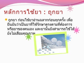 หลักการใช้ยา : ถูกยา
ถูกยา ก่อนใช้ยาอ่านฉลากก่อนทุกครั้ง เพื่อ
ยืนยันว่าเป็นยาที่ใช้รักษาตรงตามที่ต้องการ
หรือยาของตนเอง และยานั้นยังสามารถใช้ได้
ยังไม่เสื่อมคุณภาพ
 