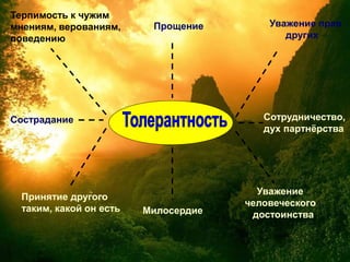 Прощение
Милосердие
Уважение прав
других
Сотрудничество,
дух партнёрства
Уважение
человеческого
достоинства
Сострадание
Принятие другого
таким, какой он есть
Терпимость к чужим
мнениям, верованиям,
поведению
 