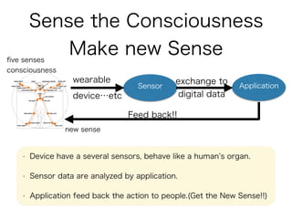 Sense the Consciousness
Make new Sense
• Device have a several sensors, behave like a human s organ.
• Sensor data are analyzed by application.
• Application feed back the action to people.(Get the New Sense!!)
Sensor Application
wearable
device…etc
exchange to
digital data
Feed back!!
ﬁve senses
consciousness
new sense
 