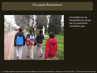 «Οι μικροί δασοπόνοι»
1ο
Συνέδριο Σχολικών Δραστηριοτήτων Πρωτοβάθμιας Εκπαίδευσης Μεσσηνίας | Καλαμάτα 5-6 Ιουνίου 2015 | conference.messinia.mysch.gr
Επιστρέφουμε και
καταγράφουμε μέτρα
για την προστασία
των δασών μας.
 
