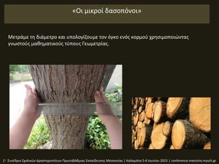 «Οι μικροί δασοπόνοι»
1ο
Συνέδριο Σχολικών Δραστηριοτήτων Πρωτοβάθμιας Εκπαίδευσης Μεσσηνίας | Καλαμάτα 5-6 Ιουνίου 2015 | conference.messinia.mysch.gr
Μετράμε τη διάμετρο και υπολογίζουμε τον όγκο ενός κορμού χρησιμοποιώντας
γνωστούς μαθηματικούς τύπους Γεωμετρίας.
 