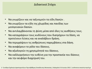 Διδακτικοί Στόχοι
• Να γνωρίζουν και να ταξινομούν τα είδη δασών .
• Να γνωρίζουν τα είδη της χλωρίδας και πανίδας των
μεσογειακών δασών.
• Να αντιλαμβάνονται τη φύση μέσα από όλες τις αισθήσεις τους.
• Να καταγράψουν τους κινδύνους που διατρέχουν τα δάση, να
προτείνουν λύσεις και να αναλάβουν δράση.
• Να περιγράψουν τις ανθρώπινες παρεμβάσεις στα δάση.
• Να αναφέρουν το ρόλο του δάσους.
• Να αξιολογούν τη χρησιμότητά του δάσους.
• Να καλλιεργήσουν την ευθύνη για την προστασία του δάσους
και την αειφόρο διαχείρισή του.
1ο
Συνέδριο Σχολικών Δραστηριοτήτων Πρωτοβάθμιας Εκπαίδευσης Μεσσηνίας | Καλαμάτα 5-6 Ιουνίου 2015 | conference.messinia.mysch.gr
 