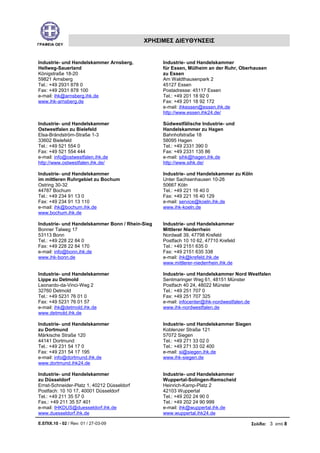 ΓΡΑΦΕΙΑ ΟΕΥ
ΧΡΗΣΙΜΕΣ ΔΙΕΥΘΥΝΣΕΙΣ
Industrie- und Handelskammer Arnsberg,
Hellweg-Sauerland
Königstraße 18-20
59821 Arnsberg
Tel.: +49 2931 878 0
Fax: +49 2931 878 100
e-mail: ihk@arnsberg.ihk.de
www.ihk-arnsberg.de
Industrie- und Handelskammer
für Essen, Mülheim an der Ruhr, Oberhausen
zu Essen
Am Waldthausenpark 2
45127 Essen
Postadresse: 45117 Essen
Tel.: +49 201 18 92 0
Fax: +49 201 18 92 172
e-mail: ihkessen@essen.ihk.de
http://www.essen.ihk24.de/
Industrie- und Handelskammer
Ostwestfalen zu Bielefeld
Elsa-Brändström-Straße 1-3
33602 Bielefeld
Tel.: +49 521 554 0
Fax: +49 521 554 444
e-mail: info@ostwestfalen.ihk.de
http://www.ostwestfalen.ihk.de/
Südwestfälische Industrie- und
Handelskammer zu Hagen
Bahnhofstraße 18
58095 Hagen
Tel.: +49 2331 390 0
Fax: +49 2331 135 86
e-mail: sihk@hagen.ihk.de
http://www.sihk.de/
Industrie- und Handelskammer
im mittleren Ruhrgebiet zu Bochum
Ostring 30-32
44787 Bochum
Tel.: +49 234 91 13 0
Fax: +49 234 91 13 110
e-mail: ihk@bochum.ihk.de
www.bochum.ihk.de
Industrie- und Handelskammer zu Köln
Unter Sachsenhausen 10-26
50667 Köln
Tel.: +49 221 16 40 0
Fax: +49 221 16 40 129
e-mail: service@koeln.ihk.de
www.ihk-koeln.de
Industrie- und Handelskammer Bonn / Rhein-Sieg
Bonner Talweg 17
53113 Bonn
Tel.: +49 228 22 84 0
Fax: +49 228 22 84 170
e-mail: info@bonn.ihk.de
www.ihk-bonn.de
Industrie- und Handelskammer
Mittlerer Niederrhein
Nordwall 39, 47798 Krefeld
Postfach 10 10 62, 47710 Krefeld
Tel.: +49 2151 635 0
Fax: +49 2151 635 338
e-mail: ihk@krefeld.ihk.de
www.mittlerer-niederrhein.ihk.de
Industrie- und Handelskammer
Lippe zu Detmold
Leonardo-da-Vinci-Weg 2
32760 Detmold
Tel.: +49 5231 76 01 0
Fax: +49 5231 76 01 57
e-mail: ihk@detmold.ihk.de
www.detmold.ihk.de
Industrie- und Handelskammer Nord Westfalen
Sentmaringer Weg 61, 48151 Münster
Postfach 40 24, 48022 Münster
Tel.: +49 251 707 0
Fax: +49 251 707 325
e-mail: infocenter@ihk-nordwestfalen.de
www.ihk-nordwestfalen.de
Industrie- und Handelskammer
zu Dortmund
Märkische Straße 120
44141 Dortmund
Tel.: +49 231 54 17 0
Fax: +49 231 54 17 195
e-mail: info@dortmund.ihk.de
www.dortmund.ihk24.de
Industrie- und Handelskammer Siegen
Koblenzer Straße 121
57072 Siegen
Tel.: +49 271 33 02 0
Tel.: +49 271 33 02 400
e-mail: si@siegen.ihk.de
www.ihk-siegen.de
Industrie- und Handelskammer
zu Düsseldorf
Ernst-Schneider-Platz 1, 40212 Düsseldorf
Postfach: 10 10 17, 40001 Düsseldorf
Tel.: +49 211 35 57 0
Fax.: +49 211 35 57 401
e-mail: IHKDUS@duesseldorf.ihk.de
www.duesseldorf.ihk.de
Industrie- und Handelskammer
Wuppertal-Solingen-Remscheid
Heinrich-Kamp-Platz 2
42103 Wuppertal
Tel.: +49 202 24 90 0
Tel.: +49 202 24 90 999
e-mail: ihk@wuppertal.ihk.de
www.wuppertal.ihk24.de
Ε.ΕΠΙΧ.10 - 02 / Rev: 01 / 27-03-09 Σελίδα: 3 από 8
 