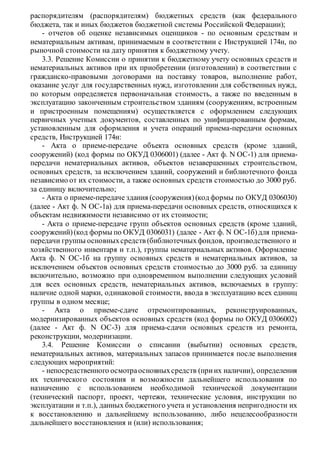распорядителям (распорядителям) бюджетных средств (как федерального
бюджета, так и иных бюджетов бюджетной системы Российской Федерации);
- отчетов об оценке независимых оценщиков - по основным средствам и
нематериальным активам, принимаемым в соответствии с Инструкцией 174н, по
рыночной стоимости на дату принятия к бюджетному учету.
3.3. Решение Комиссии о принятии к бюджетному учету основных средств и
нематериальных активов при их приобретении (изготовлении) в соответствии с
гражданско-правовыми договорами на поставку товаров, выполнение работ,
оказание услуг для государственных нужд, изготовлении для собственных нужд,
по которым определяется первоначальная стоимость, а также по введенным в
эксплуатацию законченным строительством зданиям (сооружениям, встроенным
и пристроенным помещениям) осуществляется с оформлением следующих
первичных учетных документов, составленных по унифицированным формам,
установленным для оформления и учета операций приема-передачи основных
средств, Инструкцией 174н:
- Акта о приеме-передаче объекта основных средств (кроме зданий,
сооружений) (код формы по ОКУД 0306001) (далее - Акт ф. N ОС-1) для приема-
передачи нематериальных активов, объектов незавершенных строительством,
основных средств, за исключением зданий, сооружений и библиотечного фонда
независимо от их стоимости, а также основных средств стоимостью до 3000 руб.
за единицу включительно;
- Акта о приеме-передаче здания (сооружения)(код формы по ОКУД 0306030)
(далее - Акт ф. N ОС-1а) для приема-передачи основных средств, относящихся к
объектам недвижимости независимо от их стоимости;
- Акта о приеме-передаче групп объектов основных средств (кроме зданий,
сооружений)(код формы по ОКУД 0306031) (далее - Акт ф. N ОС-1б)для приема-
передачи группы основныхсредств (библиотечныхфондов, производственного и
хозяйственного инвентаря и т.п.), группы нематериальных активов. Оформление
Акта ф. N ОС-1б на группу основных средств и нематериальных активов, за
исключением объектов основных средств стоимостью до 3000 руб. за единицу
включительно, возможно при одновременном выполнении следующих условий
для всех основных средств, нематериальных активов, включаемых в группу:
наличие одной марки, одинаковой стоимости, ввода в эксплуатацию всех единиц
группы в одном месяце;
- Акта о приеме-сдаче отремонтированных, реконструированных,
модернизированных объектов основных средств (код формы по ОКУД 0306002)
(далее - Акт ф. N ОС-3) для приема-сдачи основных средств из ремонта,
реконструкции, модернизации.
3.4. Решение Комиссии о списании (выбытии) основных средств,
нематериальных активов, материальных запасов принимается после выполнения
следующих мероприятий:
- непосредственного осмотраосновныхсредств (приих наличии), определения
их технического состояния и возможности дальнейшего использования по
назначению с использованием необходимой технической документации
(технический паспорт, проект, чертежи, технические условия, инструкции по
эксплуатации и т.п.), данных бюджетного учета и установления непригодности их
к восстановлению и дальнейшему использованию, либо нецелесообразности
дальнейшего восстановления и (или) использования;
 