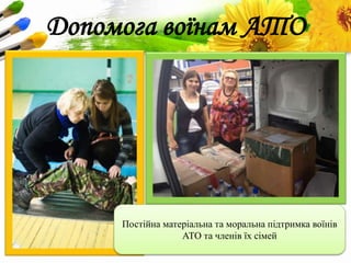 ProPowerPoint.Ru
Допомога воїнам АТО
Постійна матеріальна та моральна підтримка воїнів
АТО та членів їх сімей
 