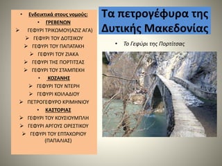 Τα πετρογέφυρα της
Δυτικής Μακεδονίας
• Ενδεικτικά στους νομούς:
• ΓΡΕΒΕΝΩΝ
 ΓΕΦΥΡΙ ΤΡΙΚΩΜΟΥ(ΑΖΙΖ ΑΓΑ)
 ΓΕΦΥΡΙ ΤΟΥ ΔΟΤΣΙΚΟΥ
 ΓΕΦΥΡΙ ΤΟΥ ΠΑΠΑΤΑΚΗ
 ΓΕΦΥΡΙ ΤΟΥ ΖΙΑΚΑ
 ΓΕΦΥΡΙ ΤΗΣ ΠΟΡΤΙΤΣΑΣ
 ΓΕΦΥΡΙ ΤΟΥ ΣΤΑΜΠΕΚΗ
• ΚΟΖΑΝΗΣ
 ΓΕΦΥΡΙ ΤΟΥ ΝΤΕΡΗ
 ΓΕΦΥΡΙ ΚΟΙΛΑΔΙΟΥ
 ΠΕΤΡΟΓΕΦΥΡΟ ΚΡΙΜΗΝΙΟΥ
• ΚΑΣΤΟΡΙΑΣ
 ΓΕΦΥΡΙ ΤΟΥ ΚΟΥΣΙΟΥΜΠΛΗ
 ΓΕΦΥΡΙ ΑΡΓΟΥΣ ΟΡΕΣΤΙΚΟΥ
 ΓΕΦΥΡΙ ΤΟΥ ΕΠΤΑΧΩΡΙΟΥ
(ΠΑΠΑΛΙΑΣ)
• Το Γεφύρι της Πορτίτσας
 