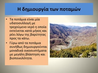 Η δημιουργία των ποταμών
• Τα ποτάμια είναι μία
υδατοσυλλογή με
τρεχούμενο νερό η οποία
εκτείνεται κατά μήκος και
ρέει λόγω της βαρύτητας
προς τα κάτω.
• Γύρω από τα ποτάμια
συνήθως δημιουργούνται
μοναδικά οικοσυστήματα
με μεγάλη βλάστηση και
βιοποικιλότητα.
 