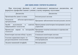 ДИСЦИПЛІНИ СПРЯМУВАННЯ КІ
При підготовці фахівців з цієї спеціальності вивчаються дисципліни, які
формують професійні знання і уміння у цьому напрямку підготовки:
Дисципліна Дисципліна
Організація баз даних та знань Iнтелектуальнi системи
Технологія об'єктно-орієнтованого
програмування
Програмне забезпечення інтелектуальних систем
Засоби мультимедіа в новітніх
інформаційних технологіях
Проектування комп'ютерно-інтегрованих систем
управління
Промислові мережі та інтеграційні
технології
Програмно-технічні комплекси та промислові
контролери
Комп'ютерні системи обліку і аудиту Спеціальні комп'ютерні системи
Системи управління енерго- та
ресурсоощадними технологіями
Мікропроцесорні системи управління
електроприводом
Людино-машинний інтерфейс Механотроніка
 