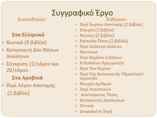 Συγγραφικό Έργο
Διασώθηκαν: Χάθηκαν:
Στα Ελληνικά
 Κωνικά (8 βιβλία)
 Κατασκευή Δύο Μέσων
Αναλόγων
 Σύγκριση 12/εδρου και
20/εδρου
Στα Αραβικά
 Περί Λόγου Αποτομής
(2 βιβλία)
 Περί Χωρίου Αποτομής (2 βιβλία)
 Επαφαί (2 βιβλία)
 Νεύσεις (2 βιβλία)
 Επίπεδοι Τόποι (2 βιβλία),
 Περί Ατάκτων Αλόγων
 Ωκυτόκιο
 Περί Κοχλίου ή Ελίκων
 Η Καθόλου Πραγματεία
 Περί Του Πυρίου
 Περί Της Κατασκευής Υδραυλικού
Αρμονίου
 Θεωρία Αριθμών
 Περί Λογιστικών
 Αναλυόμενος Τόπος
 Κατασκευές Ωρολογίων
 Οπτική
 Διωρισμένη Τομή
 