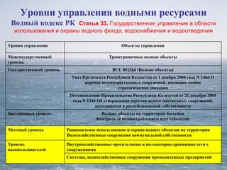 Уровни управления водными ресурсами
Водный кодекс РК Статья 33. Государственное управление в области
использования и охраны водного фонда, водоснабжения и водоотведения
Уровни управления Объекты управления
Межгосударственный
уровень
Трансграничные водные объекты
Государственный уровень ВСЕ ВОДЫ (Водные объекты)
Указ Президента Республики Казахстан от 1 ноября 2004 года N 1466 О
перечне водохозяйственных сооружений, имеющих особое
стратегическое значения
Постановление Правительства Республики Казахстан от 21 декабря 2004
года N 1344 Об утверждении перечня водохозяйственных сооружений,
находящихся в республиканской собственности
Бассейновый уровень Водные объекты на территории бассейна
Контроль за водопотреблением всех субъектов
Местный уровень Рациональное использование и охрана водных объектов на территории
Водохозяйственные сооружения коммунальной собственности
Уровень
водопользователей
Внутрихозяйственные оросительные и коллекторно-дренажные сети с
сооружениями
Системы, водохозяйственные сооружения промышленных предприятий
 