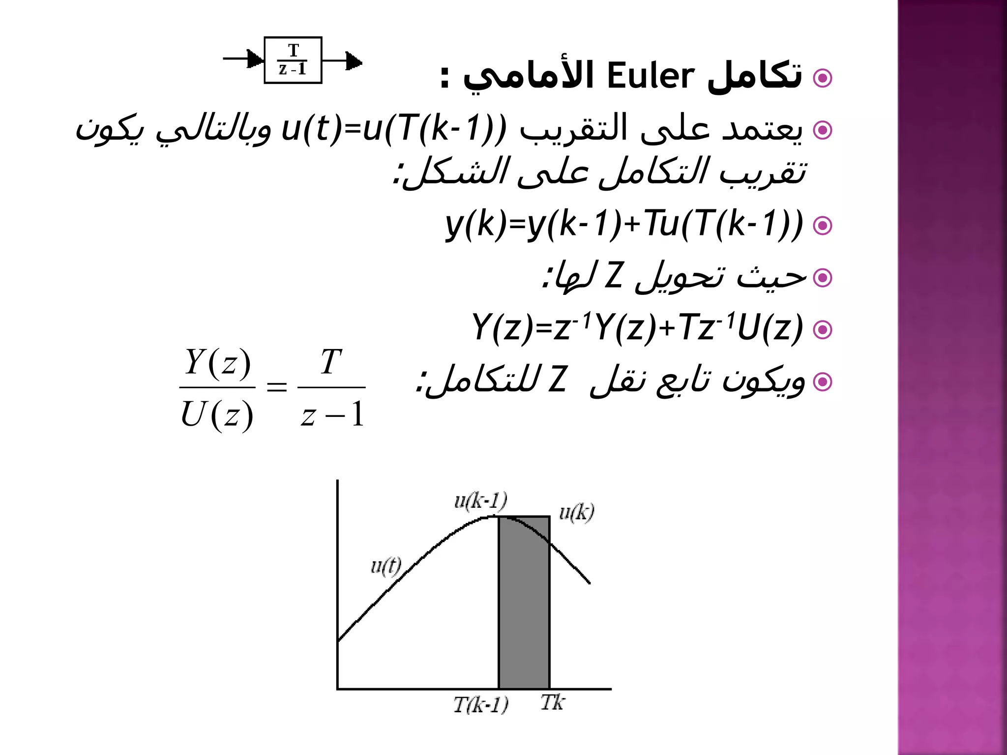 ‫تكامل‬Euler‫األمامي‬:
‫التقريب‬ ‫على‬ ‫يعتمد‬u(t)=u(T(k-1))‫يكون‬ ‫وبالتالي‬
‫الشكل‬ ‫على‬ ‫التكامل‬ ‫تقريب‬:
y(k)=y(k-1)+Tu(T(k-1))
‫تحويل‬ ‫حيث‬Z‫لها‬:
Y(z)=z-1Y(z)+Tz-1U(z)
‫نقل‬ ‫تابع‬ ‫ويكون‬Z‫للتكامل‬:
1)(
)(


z
T
zU
zY
 
