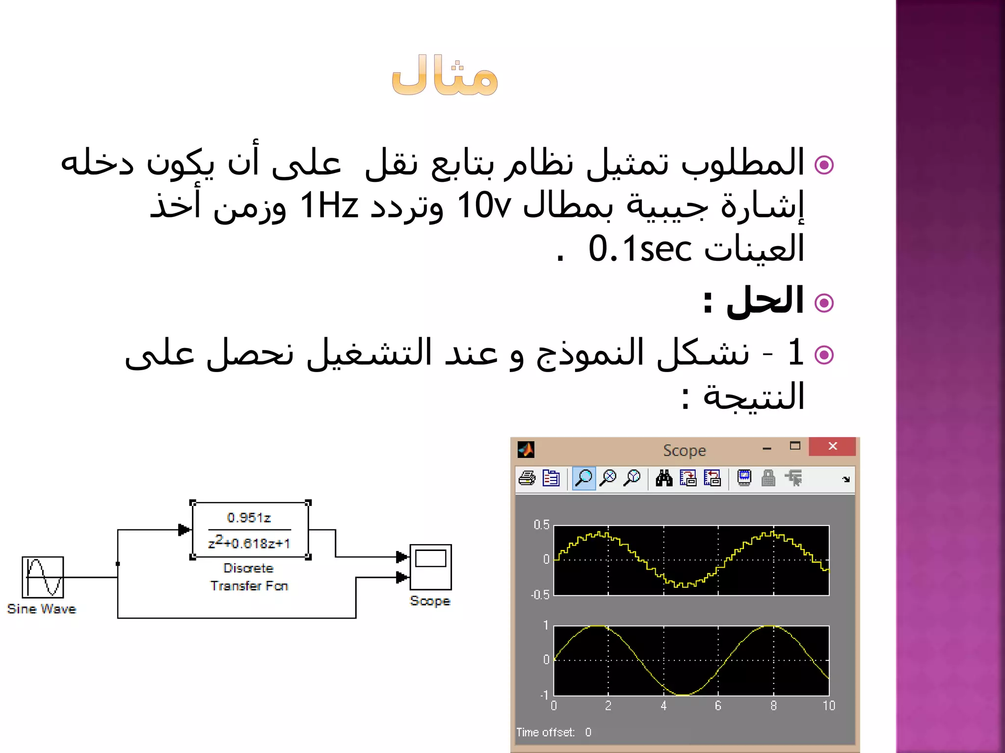 ‫نقل‬ ‫بتابع‬ ‫نظام‬ ‫تمثيل‬ ‫المطلوب‬‫يكون‬ ‫أن‬ ‫على‬‫دخله‬
‫إشارة‬‫جيبية‬‫بمطال‬10v‫وتردد‬1Hz‫أخذ‬ ‫وزمن‬
‫العينات‬0.1sec.
‫الحل‬:
1–‫النموذج‬ ‫نشكل‬‫و‬‫على‬ ‫نحصل‬ ‫التشغيل‬ ‫عند‬
‫النتيجة‬:
 