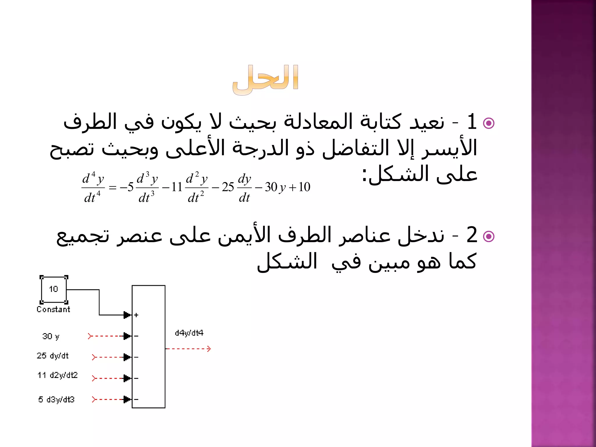 1–‫الط‬ ‫في‬ ‫يكون‬ ‫ال‬ ‫بحيث‬ ‫المعادلة‬ ‫كتابة‬ ‫نعيد‬‫رف‬
‫تص‬ ‫وبحيث‬ ‫األعلى‬ ‫الدرجة‬ ‫ذو‬ ‫التفاضل‬ ‫إال‬ ‫األيسر‬‫بح‬
‫الشكل‬ ‫على‬:
2–‫تجميع‬ ‫عنصر‬ ‫على‬ ‫األيمن‬ ‫الطرف‬ ‫عناصر‬ ‫ندخل‬
‫الشكل‬ ‫في‬ ‫مبين‬ ‫هو‬ ‫كما‬
103025115 2
2
3
3
4
4
 y
dt
dy
dt
yd
dt
yd
dt
yd
 