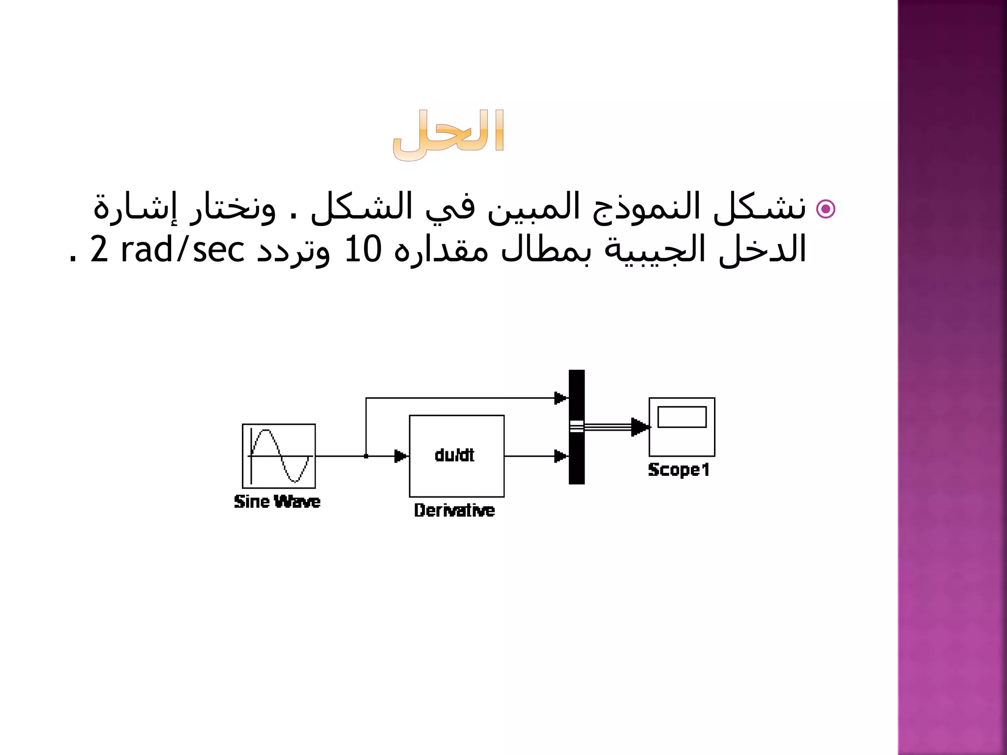 ‫الشكل‬ ‫في‬ ‫المبين‬ ‫النموذج‬ ‫نشكل‬.‫إشا‬ ‫ونختار‬‫رة‬
‫الدخل‬‫الجيبية‬‫بمطال‬‫مقداره‬10‫وتردد‬2 rad/sec.
 