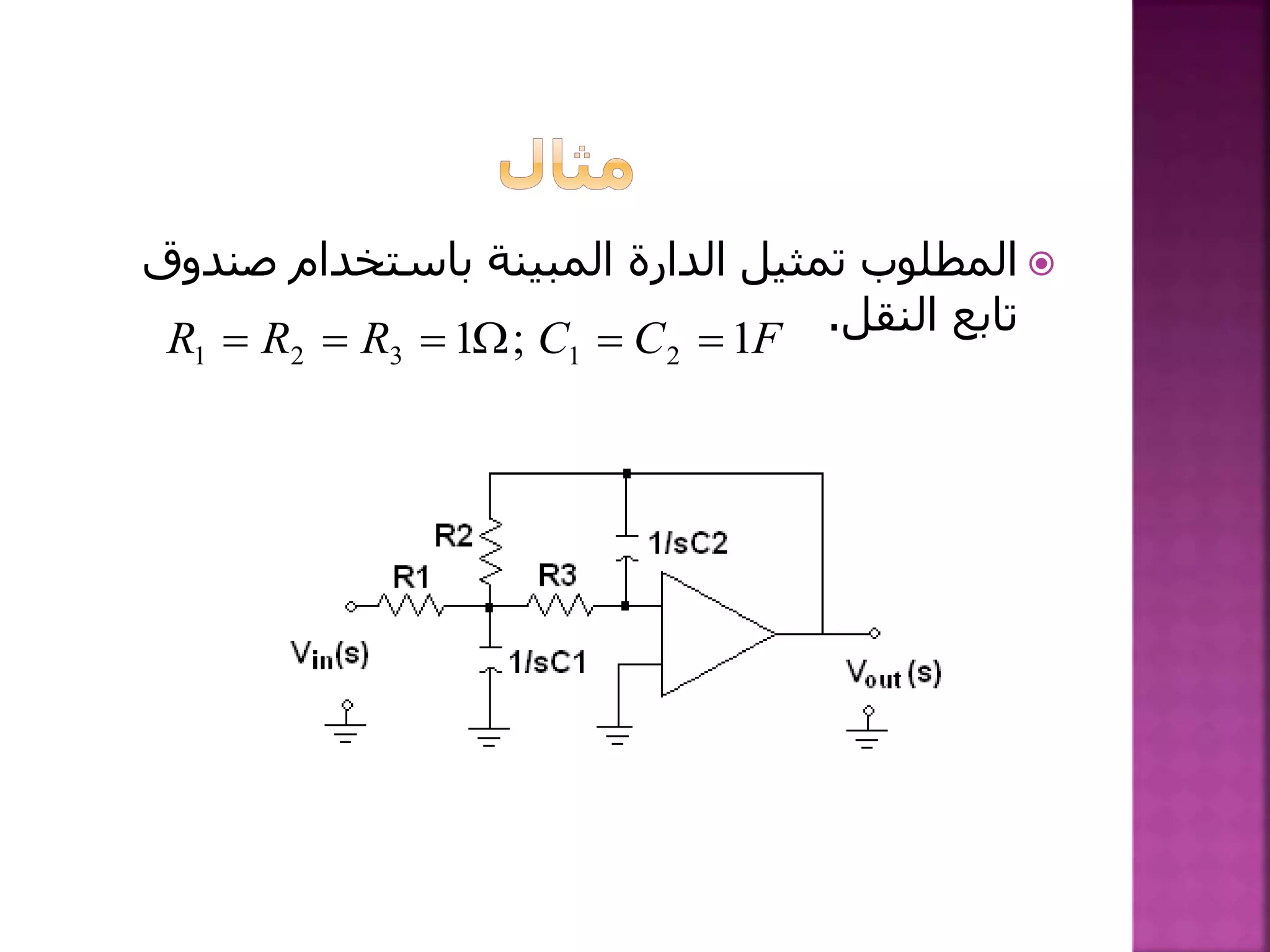 ‫صند‬ ‫باستخدام‬ ‫المبينة‬ ‫الدارة‬ ‫تمثيل‬ ‫المطلوب‬‫وق‬
‫النقل‬ ‫تابع‬.FCCRRR 1;1 21321 
 