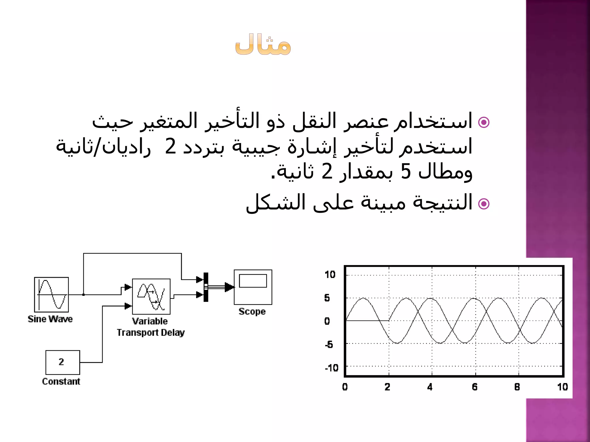 ‫حيث‬ ‫المتغير‬ ‫التأخير‬ ‫ذو‬ ‫النقل‬ ‫عنصر‬ ‫استخدام‬
‫إشارة‬ ‫لتأخير‬ ‫استخدم‬‫جيبية‬‫بتردد‬2‫راديان‬/‫ثانية‬
‫ومطال‬5‫بمقدار‬2‫ثانية‬.
‫الشكل‬ ‫على‬ ‫مبينة‬ ‫النتيجة‬
 