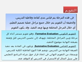 ‫التقويم‬
،‫التدريس‬ ‫وفاعلية‬ ‫كفاءة‬ ‫مدى‬ ‫قياس‬ ‫يتم‬ ‫المرحلة‬ ‫هذه‬ ‫في‬
،‫التعليم‬ ‫تصميم‬ ‫عملية‬ ‫مراحل‬ ‫جميع‬ ‫خلل‬ ‫يتم‬ ‫التقويم‬ ‫أن‬ ‫والحقيقة‬
‫التقويم‬ ‫يكون‬ ‫وقد‬ ،‫التنفيذ‬ ‫وبعد‬ ‫وبينها‬ ‫المختلفة‬ ‫المرحل‬ ‫خلل‬ ‫أي‬
.‫ختاميا‬ ‫أو‬ ‫تكوينيا‬
،‫التدريس‬ ‫وفاعلية‬ ‫كفاءة‬ ‫مدى‬ ‫قياس‬ ‫يتم‬ ‫المرحلة‬ ‫هذه‬ ‫في‬
،‫التعليم‬ ‫تصميم‬ ‫عملية‬ ‫مراحل‬ ‫جميع‬ ‫خلل‬ ‫يتم‬ ‫التقويم‬ ‫أن‬ ‫والحقيقة‬
‫التقويم‬ ‫يكون‬ ‫وقد‬ ،‫التنفيذ‬ ‫وبعد‬ ‫وبينها‬ ‫المختلفة‬ ‫المرحل‬ ‫خلل‬ ‫أي‬
.‫ختاميا‬ ‫أو‬ ‫تكوينيا‬‫التكويني‬ ‫التقويم‬Formative Evaluation‫كل‬ ‫أثناء‬ ‫مستمر‬ ‫تقويم‬ ‫وهو‬ ،
‫وضعه‬ ‫قبل‬ ‫التدريس‬ ‫تحسين‬ ‫إلى‬ ‫ويهدف‬ ،‫المختلفة‬ ‫المراحل‬ ‫وبين‬ ‫مرحلة‬
.‫التنفيذ‬ ‫موضوع‬ ‫النهائية‬ ‫بصيغته‬
‫الختامي‬ ‫التقويم‬Summative Evaluation،‫تنفيذ‬ ‫بعد‬ ‫العادة‬ ‫في‬ ‫ويكون‬
،‫للتدريس‬ ‫الكلية‬ ‫الفاعلية‬ ‫النوع‬ ‫هذا‬ ‫ويقيم‬ ،‫التدريس‬ ‫من‬ ‫النهائية‬ ‫الصيغة‬
‫التعليمي‬ ‫البرنامج‬ ‫شراء‬ ‫حول‬ ‫قرار‬ ‫اتخاذ‬ ‫في‬ ‫النهائي‬ ‫التقويم‬ ‫من‬ ‫ويستفاد‬
.‫عنه‬ ‫التوقف‬ ‫أو‬ ‫التدريس‬ ‫في‬ ‫الستمرار‬ ‫أو‬ ‫المثال‬ ‫سبيل‬ ‫على‬
‫التكويني‬ ‫التقويم‬Formative Evaluation‫كل‬ ‫أثناء‬ ‫مستمر‬ ‫تقويم‬ ‫وهو‬ ،
‫وضعه‬ ‫قبل‬ ‫التدريس‬ ‫تحسين‬ ‫إلى‬ ‫ويهدف‬ ،‫المختلفة‬ ‫المراحل‬ ‫وبين‬ ‫مرحلة‬
.‫التنفيذ‬ ‫موضوع‬ ‫النهائية‬ ‫بصيغته‬
‫الختامي‬ ‫التقويم‬Summative Evaluation،‫تنفيذ‬ ‫بعد‬ ‫العادة‬ ‫في‬ ‫ويكون‬
،‫للتدريس‬ ‫الكلية‬ ‫الفاعلية‬ ‫النوع‬ ‫هذا‬ ‫ويقيم‬ ،‫التدريس‬ ‫من‬ ‫النهائية‬ ‫الصيغة‬
‫التعليمي‬ ‫البرنامج‬ ‫شراء‬ ‫حول‬ ‫قرار‬ ‫اتخاذ‬ ‫في‬ ‫النهائي‬ ‫التقويم‬ ‫من‬ ‫ويستفاد‬
.‫عنه‬ ‫التوقف‬ ‫أو‬ ‫التدريس‬ ‫في‬ ‫الستمرار‬ ‫أو‬ ‫المثال‬ ‫سبيل‬ ‫على‬
 