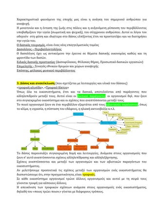 Χαρακτηριστικό φαινόμενο της εποχής μας είναι η ανάγκη του σημερινού ανθρώπου για
αναψυχή.
Η μονοτονία και η ένταση της ζωής στις πόλεις και η αυξανόμενη ρύπανση του περιβάλλοντος
υποβαθμίζουν την υγεία (σωματική και ψυχική), του σύγχρονου ανθρώπου. Αυτοί οι λόγοι τον
οδηγούν στη φύση και ιδιαίτερα στο δάσος ελπίζοντας έτσι να προστατέψει και να διατηρήσει
την υγεία του.
Ο δασικός τουρισμός, είναι ένας νέος επαγγελματικός τομέας
Δασολόγος – Περιβαλλοντολόγος
Ο δασολόγος έχει ως αντικείμενο την έρευνα σε θέματα δασικής οικονομίας καθώς και τη
φροντίδα των δασών.
Ειδικός δασικής προστασίας (Δασοφύλακας, Φύλακας θήρας, Προσωπικό δασικών εργασιών)
Επιμελητής - Ξεναγός εθνικών δρυμών και χώρων αναψυχής
Επόπτης, φύλακας φυσικού περιβάλλοντος
3. Δάσος και ανακύκλωση (που σχετίζεται με λειτουργίες και υλικά του δάσους)
«τροφική αλυσίδα», «Τροφικό δίκτυο»
Όπως όλα τα οικοσυστήματα, έτσι και τα δασικά, αποτελούνται από παράγοντες που
αλληλεπιδρούν μεταξύ τους. Αυτοί είναι οι βιοτικοί παράγοντες, οι οργανισμοί δηλ. που ζουν
στο συγκεκριμένο οικοσύστημα και οι σχέσεις που αναπτύσσονται μεταξύ τους.
Το ποιοί οργανισμοί ζουν σε ένα περιβάλλον εξαρτάται από τους αβιοτικούς παράγοντες, όπως
το κλίμα, η υγρασία, η σύσταση του εδάφους, η ηλιακή ακτινοβολία κ.τ.λ.
Το δάσος παρουσιάζει συγκεκριμένη δομή και λειτουργίες. Ανάμεσα στους οργανισμούς που
ζουν σ’ αυτό αναπτύσσονται σχέσεις αλληλεπίδρασης και αλληλεξάρτησης.
Σχέσεις αναπτύσσονται και μεταξύ των οργανισμών και των αβιοτικών παραγόντων του
οικοσυστήματος.
Αν μελετήσουμε προσεκτικά τις σχέσεις μεταξύ των οργανισμών ενός οικοσυστήματος θα
διαπιστώσουμε ότι, στην πραγματικότητα, είναι τροφικές.
Σε κάθε οικοσύστημα οργανισμοί τρώνε άλλους οργανισμούς και αυτοί με τη σειρά τους
γίνονται τροφή για κάποιους άλλους.
Η απεικόνιση των τροφικών σχέσεων ανάμεσα στους οργανισμούς ενός οικοσυστήματος,
δηλαδή του «ποιος τρώει ποιον;» γίνεται με διάφορους τρόπους.
 