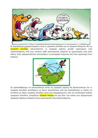 Οι περισσότερο χρησιμοποιημένοι είναι οι τροφικές αλυσίδες και τα τροφικά πλέγματα. Με τις
τροφικές αλυσίδες απεικονίζονται οι τροφικές σχέσεις μεταξύ οργανισμών ενός
οικοσυστήματος, από τους οποίους κάθε καταναλωτής τρέφεται με οργανισμούς ενός μόνο
είδους. Στην πραγματικότητα απεικονίζουν τη μεταφορά ενέργειας από έναν οργανισμό στον
επόμενο.
Αν προσπαθήσουμε να απεικονίσουμε αυτές τις τροφικές σχέσεις θα διαπιστώσουμε ότι οι
τροφικές αλυσίδες καταλήγουν να έχουν περισσότερες από μία διακλαδώσεις οι οποίες τις
συνδέουν με άλλες τροφικές αλυσίδες. Αυτό που διαμορφώνεται, από τον συνδυασμό πολλών
τροφικών αλυσίδων, ονομάζεται τροφικό πλέγμα και μας δίνει την εικόνα των πραγματικών
τροφικών σχέσεων ανάμεσα στους οργανισμούς ενός οικοσυστήματος.
 