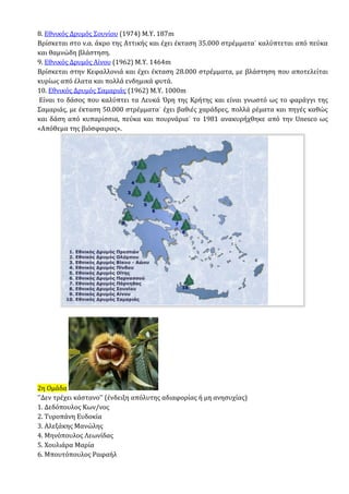8. Εθνικός Δρυμός Σουνίου (1974) Μ.Υ. 187m
Βρίσκεται στο ν.α. άκρο της Αττικής και έχει έκταση 35.000 στρέμματα˙ καλύπτεται από πεύκα
και θαμνώδη βλάστηση.
9. Εθνικός Δρυμός Αίνου (1962) Μ.Υ. 1464m
Βρίσκεται στην Κεφαλλονιά και έχει έκταση 28.000 στρέμματα, με βλάστηση που αποτελείται
κυρίως από έλατα και πολλά ενδημικά φυτά.
10. Εθνικός Δρυμός Σαμαριάς (1962) Μ.Υ. 1000m
Είναι το δάσος που καλύπτει τα Λευκά Όρη της Κρήτης και είναι γνωστό ως το φαράγγι της
Σαμαριάς, με έκταση 50.000 στρέμματα˙ έχει βαθιές χαράδρες, πολλά ρέματα και πηγές καθώς
και δάση από κυπαρίσσια, πεύκα και πουρνάρια˙ το 1981 ανακυρήχθηκε από την Unesco ως
«Απόθεμα της βιόσφαιρας».
2η Ομάδα
''Δεν τρέχει κάστανο'' (ένδειξη απόλυτης αδιαφορίας ή μη ανησυχίας)
1. Δεδόπουλος Κων/νος
2. Τυροπάνη Ευδοκία
3. Αλεξάκης Μανώλης
4. Μηνόπουλος Λεωνίδας
5. Χουλιάρα Μαρία
6. Μπουτόπουλος Ραφαήλ
 