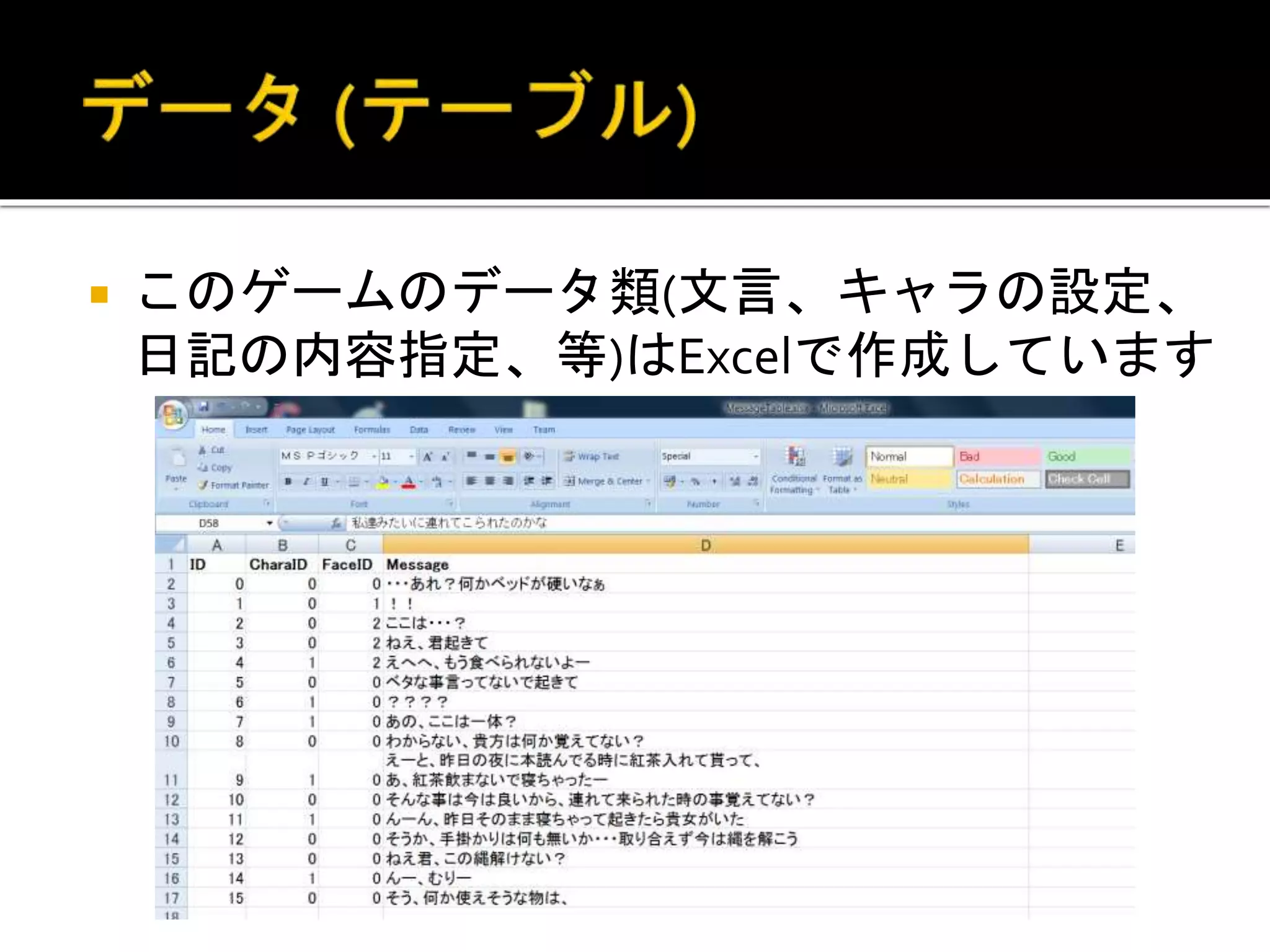  このゲームのデータ類(文言、キャラの設定、
日記の内容指定、等)はExcelで作成しています
 
