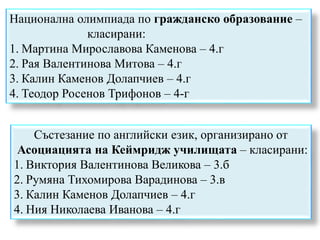 Национална олимпиада по гражданско образование –
класирани:
1. Мартина Мирославова Каменова – 4.г
2. Рая Валентинова Митова – 4.г
3. Калин Каменов Долапчиев – 4.г
4. Теодор Росенов Трифонов – 4-г
Състезание по английски език, организирано от
Асоциацията на Кеймридж училищата – класирани:
1. Виктория Валентинова Великова – 3.б
2. Румяна Тихомирова Варадинова – 3.в
3. Калин Каменов Долапчиев – 4.г
4. Ния Николаева Иванова – 4.г
 