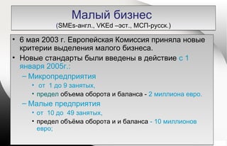 Малый бизнес
(SMEs-англ., VKEd –эст., МСП-русск.)
Малый бизнес
(SMEs-англ., VKEd –эст., МСП-русск.)
• 6 мая 2003 г. Европейская Комиссия приняла новые
критерии выделения малого бизнеса.
• Новые стандарты были введены в действие с 1
января 2005г.:
– Микропредприятия
• от 1 до 9 занятых,
• предел объема оборота и баланса - 2 миллиона евро.
– Малые предприятия
• от 10 до 49 занятых,
• предел объёма оборота и и баланса - 10 миллионов
евро;
• 6 мая 2003 г. Европейская Комиссия приняла новые
критерии выделения малого бизнеса.
• Новые стандарты были введены в действие с 1
января 2005г.:
– Микропредприятия
• от 1 до 9 занятых,
• предел объема оборота и баланса - 2 миллиона евро.
– Малые предприятия
• от 10 до 49 занятых,
• предел объёма оборота и и баланса - 10 миллионов
евро;
 