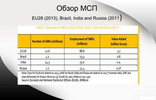 Обзор МСП
EU28 (2013), Brazil, India and Russia (2011)
 