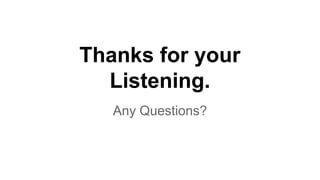 Thanks for your
Listening.
Any Questions?
 