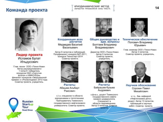 14
Команда проекта
КРИОДИНАМИЧЕСКИЙ МЕТОД
ОБРАБОТКИ ПРИЗАБОЙНОЙ ЗОНЫ ПЛАСТА
Общее руководство и
адм. вопросы
Болтаев Владимир
Владимирович
Директор ООО «Техно-Нова»
Автор 5 патентов,
Соавтор проекта,
учредитель.
Лидер проекта
Исламов Булат
Ильдусович
Глав. геолог ООО «Техно-Нова»
Автор рацпредложений и
1 патентf, победитель
конкурсов ОАО «Сургутне-
фтегаз» и ХМАО-Югры,
финалист конкурсов «Зворыкинской
премии» и «Росмолодежи» 2012 года.
Соавтор проекта, учредитель.
Техническое обеспечение
Попович Владимир
Юрьевич
Глав. инженер ООО «Техно-Нова»
Автор 3 патентов,
Соавтор проекта, учредитель.
Научное обоснование
Сорокин Павел
Михайлович
к.т.н., Зав. кафедрой
«Нефтегазовое дело»,
доцент. Автор 13 патентов,
публикаций и научных
работ. Соавтор проекта.
Расчеты
Абашев Альберт
Раисович
к.т.н. специалист в области
аэродинамики и теплотехники.
Преподаватель Тюменского
государственного нефтегазового
университета. Соавтор проекта.
Координация всех
расчетов
Медведев Василий
Васильевич
Автор 9 патентов и публикаций.
Полуфиналист конкурса БИТ-2011,
конкурса Техностарт-2014
Соавтор проекта.
Расчеты
Байрашев Кузьма
Андреевич
к.ф-м.н., доцент Тюменского
государственного нефте-
газового университета.
Специалист в
области гидромеханики.
Автор 5 патентов. Соавтор
проекта.
 