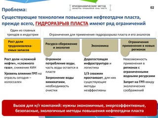 02
КРИОДИНАМИЧЕСКИЙ МЕТОД
ОБРАБОТКИ ПРИЗАБОЙНОЙ ЗОНЫ ПЛАСТА
Ресурсо-сбережение
и экология
Экономика
Ограничения
применения в новых
регионах
Рост доли «сложной
нефти», «сложного
газа», снижение КИН
Уровень влияния ГРП на
отрасль сегодня –
колоссален
Проблема:
Существующие технологии повышения нефтеотдачи пласта,
прежде всего, ГИДРОРАЗРЫВ ПЛАСТА имеют ряд ограничений
Огромное
потребление воды,
часть воды остается в
пласте
Загрязнение воды
химикатами,
необходимость
очистки
Дорогостоящая
инфраструктура и
логистика
1/3 скважин
простаивает, для них
существующие
методы
неэффективны
Невозможность
применения в
регионах с
ограниченными
водными ресурсами
Запрет на ГРП ввиду
экологических
соображений
Вызов для н/г компаний: нужны экономичные, энергоэффективные,
безопасные, экологичные методы повышения нефтеотдачи пласта
Рост доли
трудноизвлека-
емых запасов
Один из главных
трендов в индустрии Ограничения для применения гидроразрыва пласта и его аналогов
 